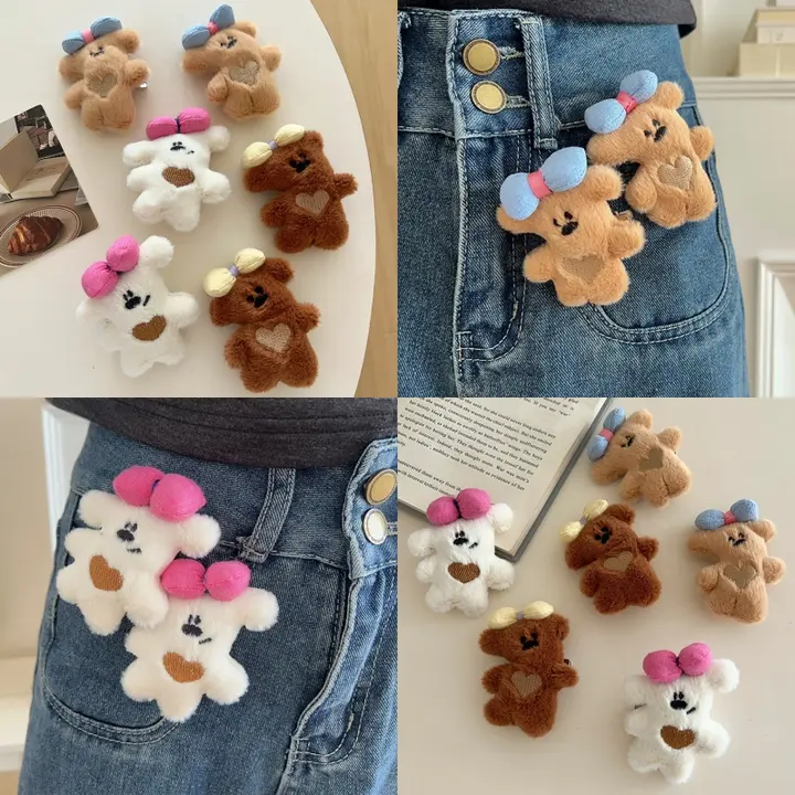 かわいいフワフワのリボン付きクマのブローチ【カジュアル・ヘアクリップにも使える】