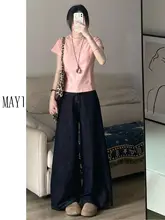 深い青のワイドレッグデニムパンツ【ハイウエスト・フィット・春夏用】（セットアップ対応）