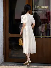 XWI エレガントな立体刺繍の夏用ワンピース【ウエスト絞り・天絲素材・ホワイト】