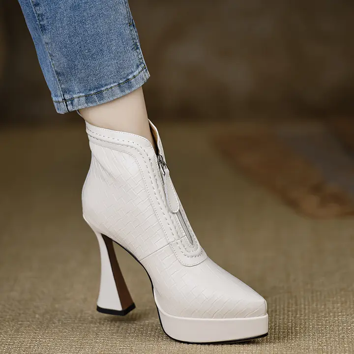 ハンドメイドレディースシューズ【防水厚底・ヒール・ショートブーツ・牛革・ミルクホワイト】