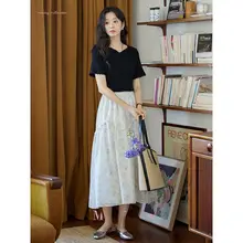 ブルーのレース切替プリントミディスカート【高腰・夏用・ヴィンテージ風・女性用】