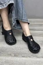 真皮製 低ヒール マジックテープ ウーブンデザイン 大丸頭 レディースシューズ