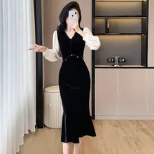 秋冬用 ベルベット デザインVネックフィッシュテールワンピース【スタイリッシュフィット・洗練された印象】