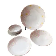 陶器製 ピンク花うさぎ ディナーセット【家庭用・浅皿・カレー皿対応】