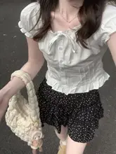 フレンチスタイル 白色パフスリーブブラウス【夏用・ウエスト絞り・フリル付き】