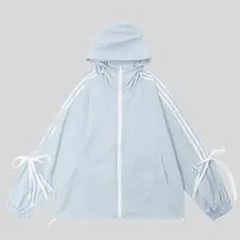 レトロなストライプのリボン付き防晒パーカー【フード付き・カジュアルデザイン】（セットアップ対応）