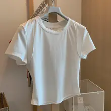 高腰クロップドTシャツ【デザイン肩・ラウンドネック・ベーシック・夏用】