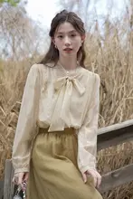 木易易 長袖シャツ【春用・国風・水彩染め・リボン付き・フレンチスタイル】