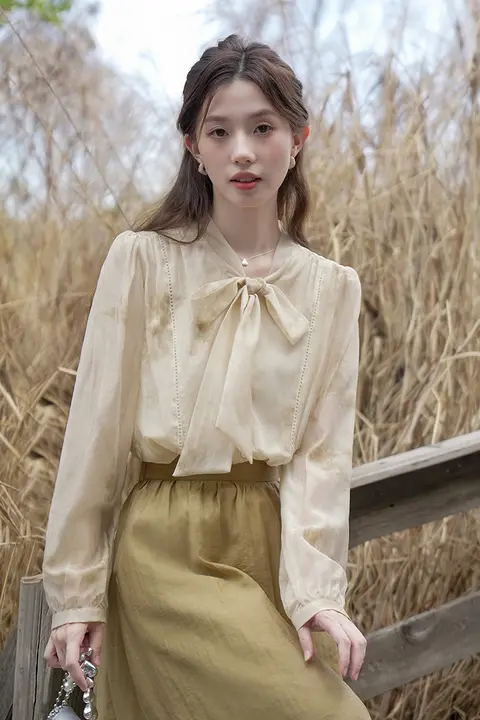 木易易 長袖シャツ【春用・国風・水彩染め・リボン付き・フレンチスタイル】