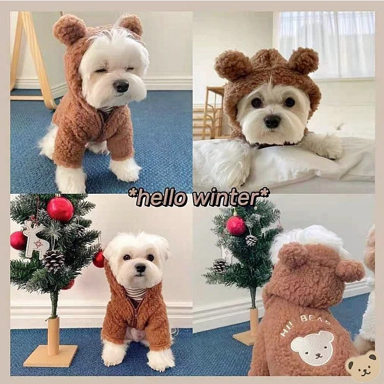 モコモコ 犬 パンチングスタイル ペット服 クマ変身 小型犬 秋冬用 ビション テディキャット