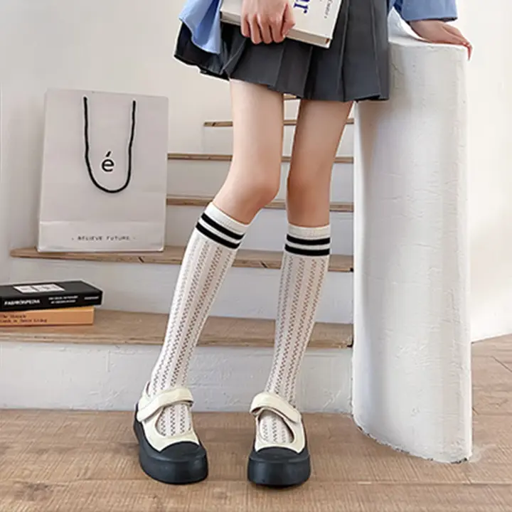 白色コットン薄手ニーハイソックス【女子用・春秋対応・JKスタイル・学院風】
