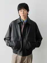 美式レトロジッパー付き襟折れPUレザージャケット【バイカー用・ウエストゴム・春秋用】