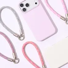 FUNNY RICH スマホケース リストストラップ ショートチェーン マット 編み込み ピンク レディース インスタ映え 「FUNNYRICH」