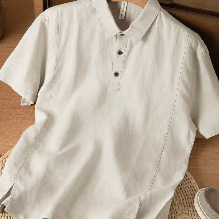 リネン製 POLOカラー 半袖Tシャツ【メンズ・通気性・軽量・シンプルデザイン】