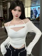 コットン一字肩レースアップ長袖Tシャツ【春秋用・薄手・セクシー・フィットデザイン】