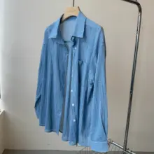 海塩ブルーのチェック柄シャツ【長袖・コットン・フィット・ワイドカラー・夏用】