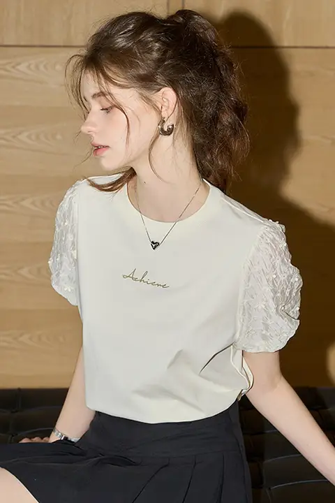 甘美な印象のパフスリーブTシャツ【女性用・ショートスリーブ・個性的デザイン】