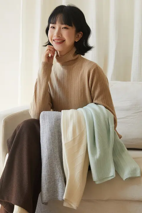 冬用 保温 高級ウールタートルネックニットセーター【ストライプ・柔らかいタッチ】