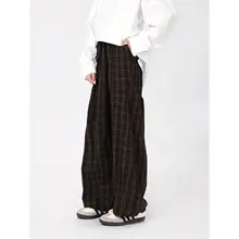 春夏用ビンテージ風カフェ色チェックストレートパンツ【男・したスタイル・ゆったり】