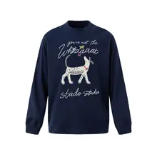 アメリカンレトロ 小犬プリントのネイビーカラー長袖Tシャツ【秋用・ゆったりシルエット・カジュアル】