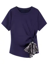 シルクスカーフ付きバンドデザインの半袖Tシャツ【夏用・ルーズフィット・女性用】（セットアップ対応）
