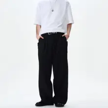 春夏用 メンズ ルーズフィット 白色スラックス【プリーツデザイン・ストレートレッグ】
