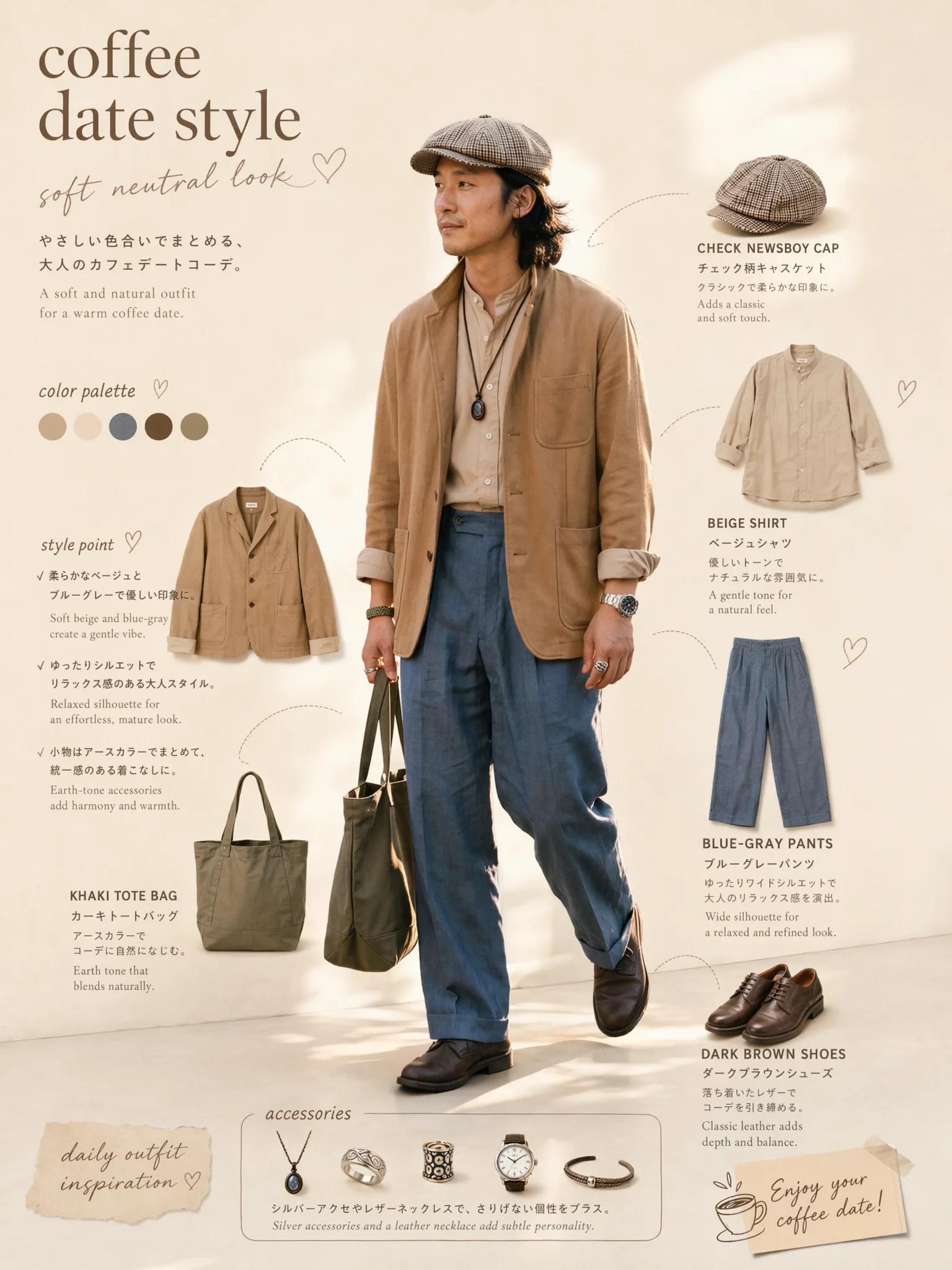 オリーブグリーンのトートバッグ、ブルーグレーのストレートパンツ、ベージュのバンドカラーシャツ、ライトキャメルのジャケット、ダークブラウンのダービーシューズ、チェック柄キャップを合わせた落ち着いたカジュアルコーデ