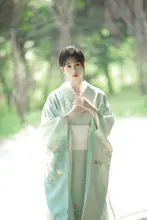 和風清新 小振袖改良和服【水色・緑・桜柄・フォトシューティング用】