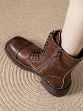 擦れた色合いのレトロなスクエアトゥ本革マーチンブーツ【中筒・ライディングブーツ・太ヒール・レースアップ】