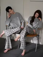 カジュアルなTシャツとチェック柄ロングパンツの春秋用パジャマ【柔らかい純綿・快適なウェア】