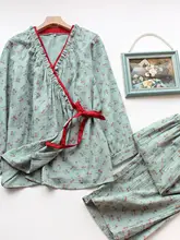 高級感ある国風パジャマ【春秋夏用・二重のシフォン・純綿・和服スタイル】（セットアップ対応）