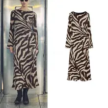 春季女性用 ゼブラ柄マキシドレス【バルーンネック・フレアスリーブ】
