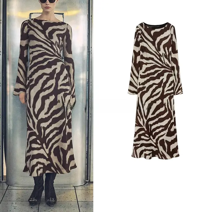 春季女性用 ゼブラ柄マキシドレス【バルーンネック・フレアスリーブ】