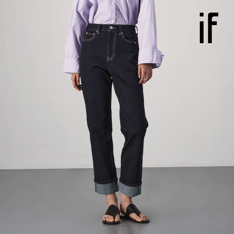 ハイウエストストレートデニムパンツ【レトロスタイル・裾翻り・美脚効果】（セットアップ対応）