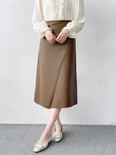 高腰デザインのストレートタイトスカート【レディース・春秋用・合成皮革・ハイウエスト・蓄膨らみタッグ付き】