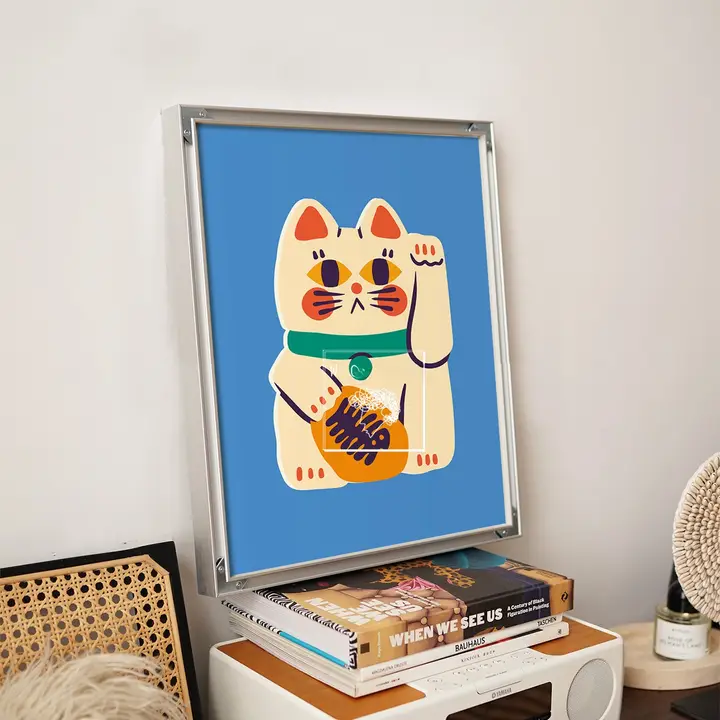 インテリアポスター 招き猫 千万両 バウハウス ブルー 合金フレーム 「WGallery」