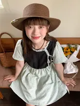 ブルーのニットパネルデザインドレス【ショートスリーブ・ウエストシェイプ・夏用・ゆったりした着心地】（セットアップ対応）