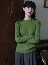 花杏色のレトロなラウンドネック長袖ニットセーター【秋冬用・スリムフィット】