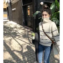 小冰bella アンゴラ混合 ロングセーター【赤白ストライプ・高襟・全羊毛】