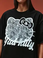 レース猫プリント半袖Tシャツ【ルーズフィット・カジュアル・ペアルック対応】