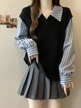 ルーズフィット ニットストライプシャツ【秋用・短丈・大きいサイズ・二重デザイン】（セットアップ対応）