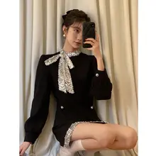 エレガントなデザインのブラックドレス【上品なシルエット・短袖・小香風】