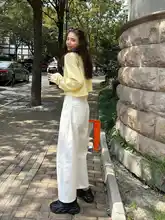 高腰ワイドレッグデニムパンツ【ホワイト・コットン・フィット・ロング丈】