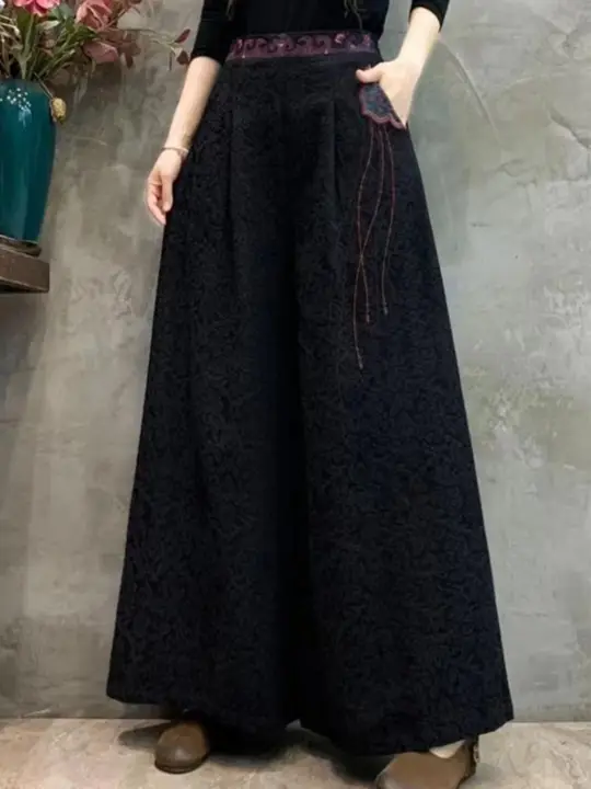 秋冬用コットンリネン刺繍入りパンツ【民族風・加毛・ハイウエスト・ゆったりワイドレッグ】（セットアップ対応）