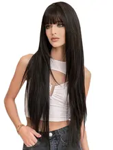 ファッション用の黒色ロングストレートウィッグ【レイヤー入り・丸顔向け】