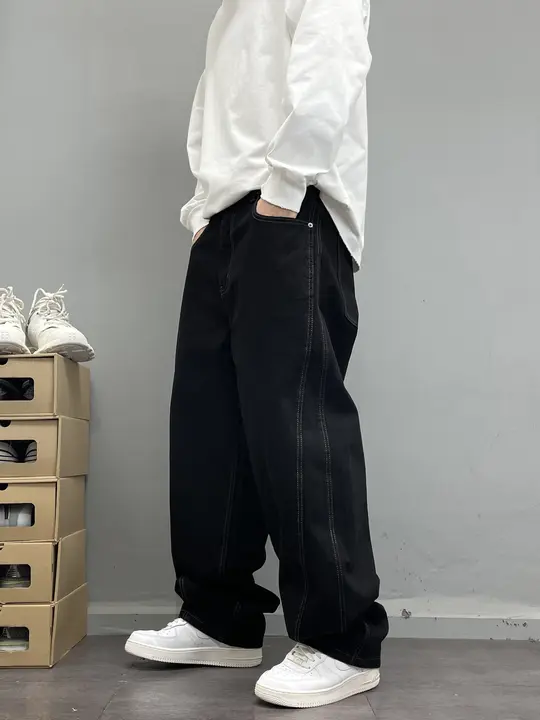 明線デザイン ストリートヒップホップデニムパンツ【フィット・ワイドレッグ】