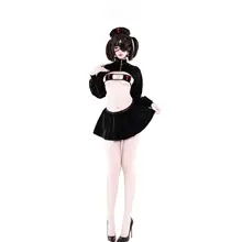 セクシーな黒の質感ベロアコスチューム【ナース風・コスプレ・撮影用】（セットアップ対応）