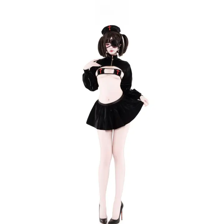セクシーな黒の質感ベロアコスチューム【ナース風・コスプレ・撮影用】（セットアップ対応）