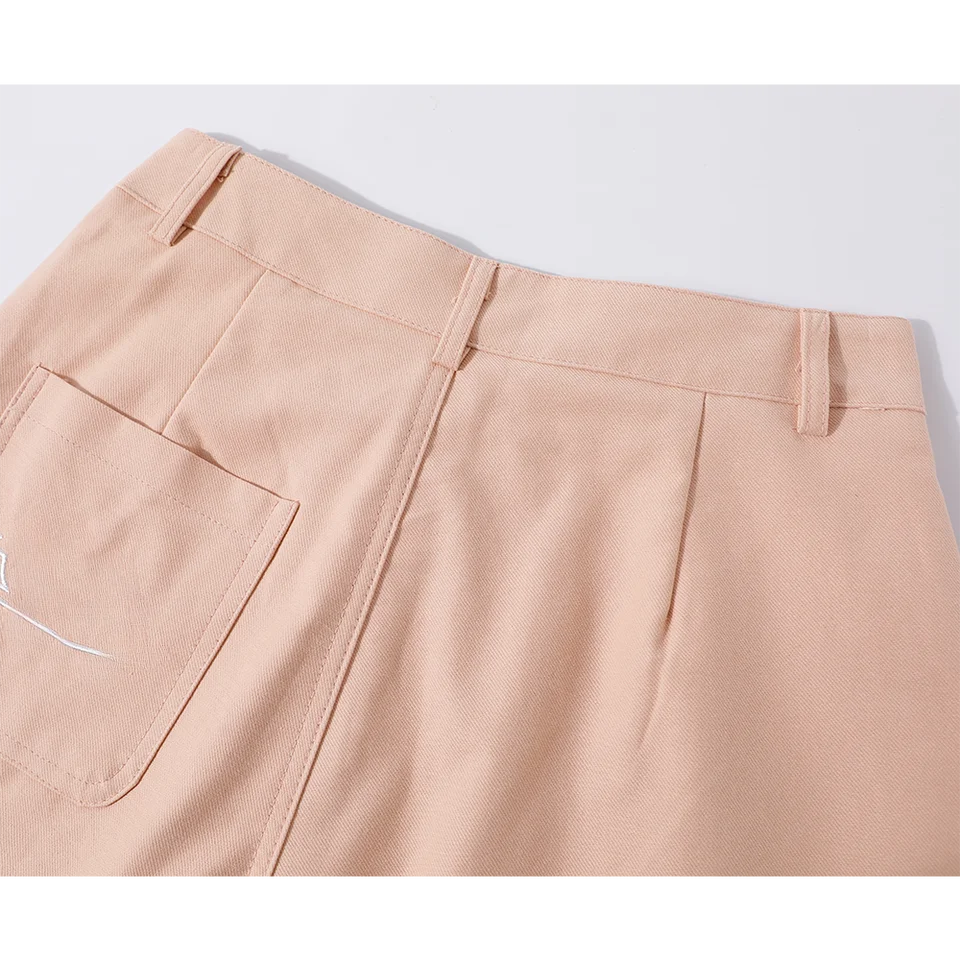 犬刺繍デザインのデニムパンツ【春用・ハイウエスト・ワイドレッグ・カジュアル】
