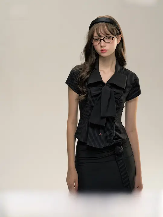 アート系女子向けブラックストライプ学院風蝶ネクタイ付き半袖シャツ